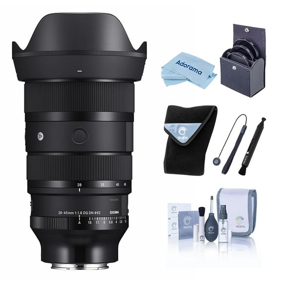 Sigma 28-45mm f/1.8 DG DN ART Lens for Sony E, Black, Bundle with 82mm Filter Kit, Lens Wrap, Cleaning Kit, Lens Cap Tether and Cleaning Cloth