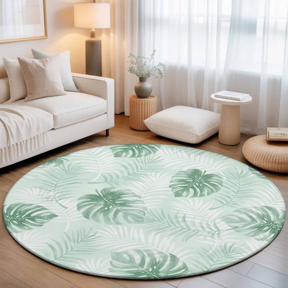 Mint Green Leaf Round Living Room Rugs 3.3 ft, Modern Mint Green Palm Leaf Monstera Washable Area Rug with Non-Slip Sturdy Edge Binding Round Front Door Mat Floor Carpet for Entryway