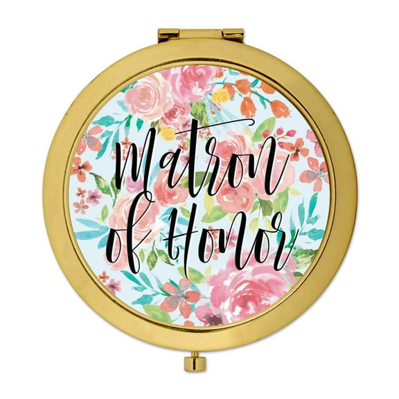 Koyal Wholesale Compact Mirror Matron of Honor Wedding Gift, Gold, Tea Party Pink Floral Flowers, 1-Pack