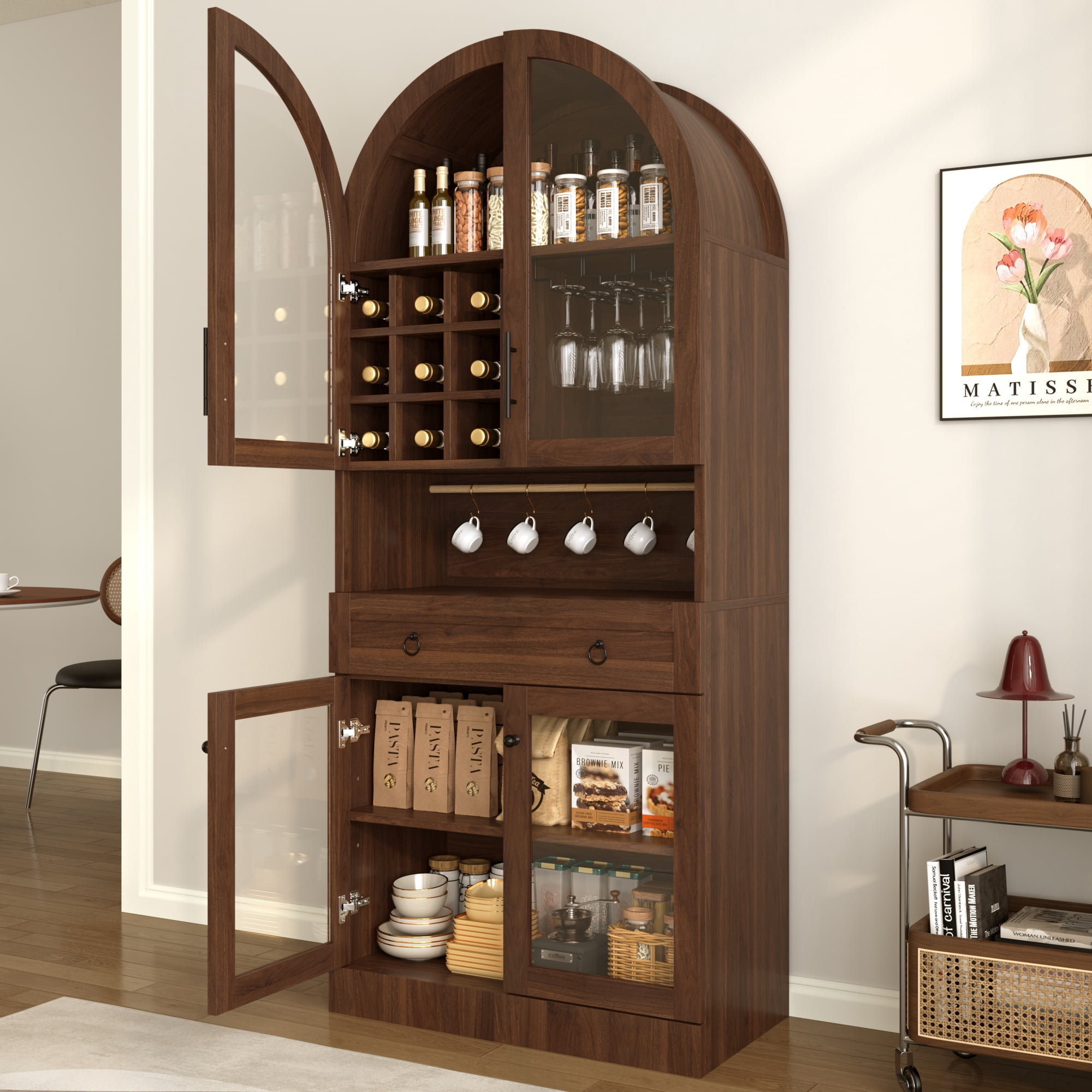 Mintazer 70" Tall Arched Bar Cabinet with Tempered Glass Doors, Freestanding Storage Buffet Sideboard with Removable Wine Rack & Cup Hooks for Dining Room Kitchen Living Room, Walnut
