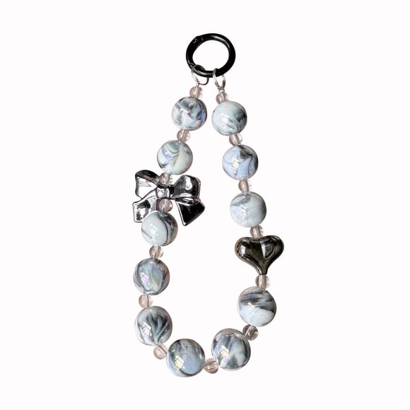 W-326 Grey Acrylic Beaded Keychain Pendant Diy Jewelry Making Supplies Decorative Key Ring Accessory With Bow Design Phone Case Charm Hanging Chain