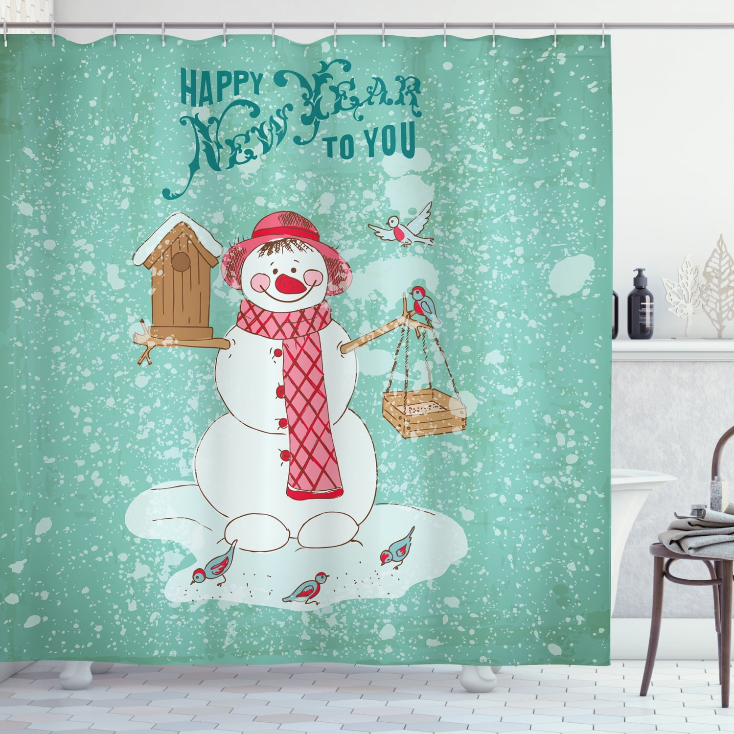 Snowman Shower Curtain, Happy New Year Celebration with Cute Characters
