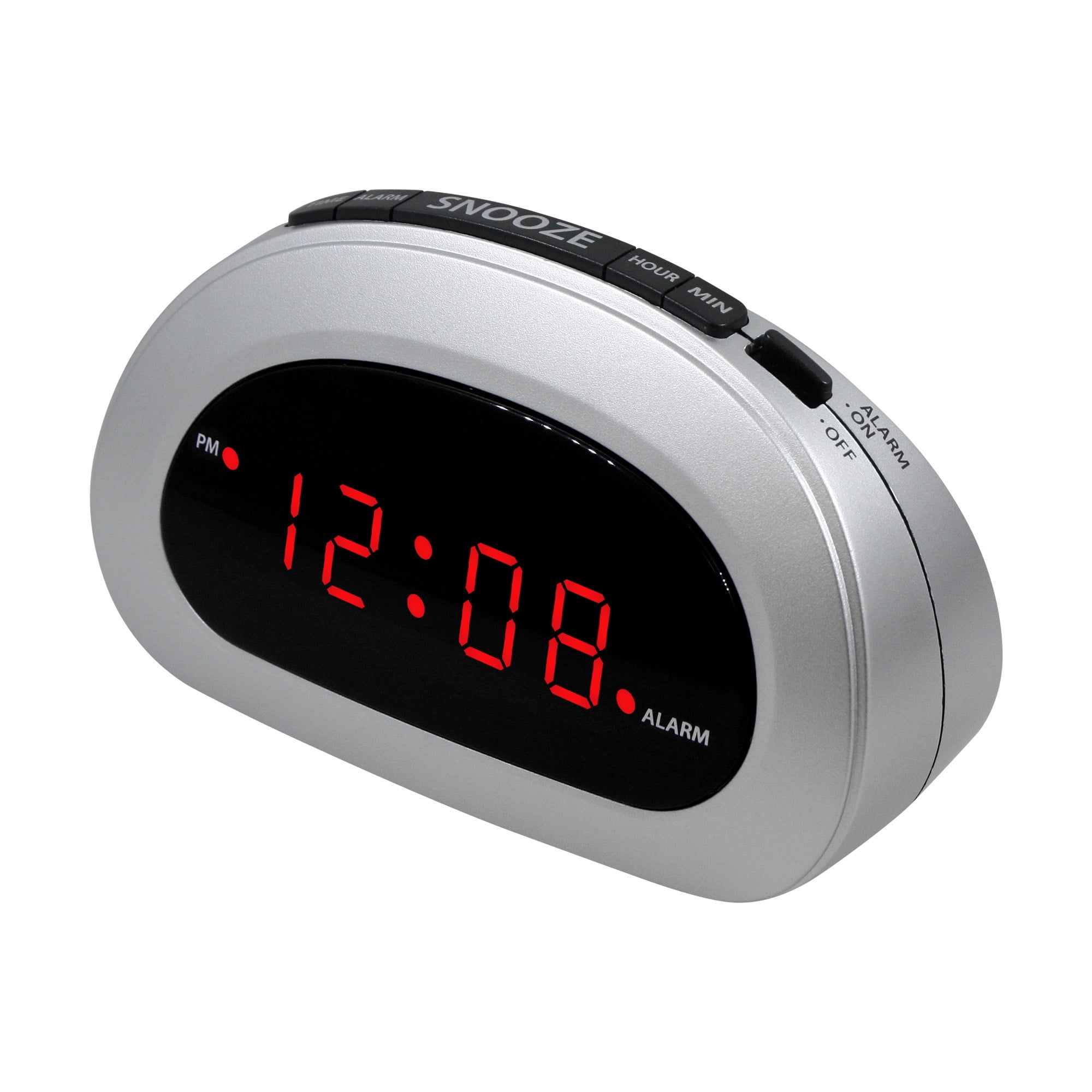 Mainstays Digital Alarm Clock with Top Button Controls, Snooze, Battery Backup, 0.6 in Red LED Display, Silver, SPC089D