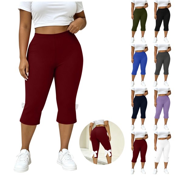 Bloomae Plus Size Women Skinny Capri Leggings Cute Bow Tie Up Knee Length Side Slit Yoga Capris Pants Stretchy Basic Solid Color Slim Fit Athletic Cropped Trousers