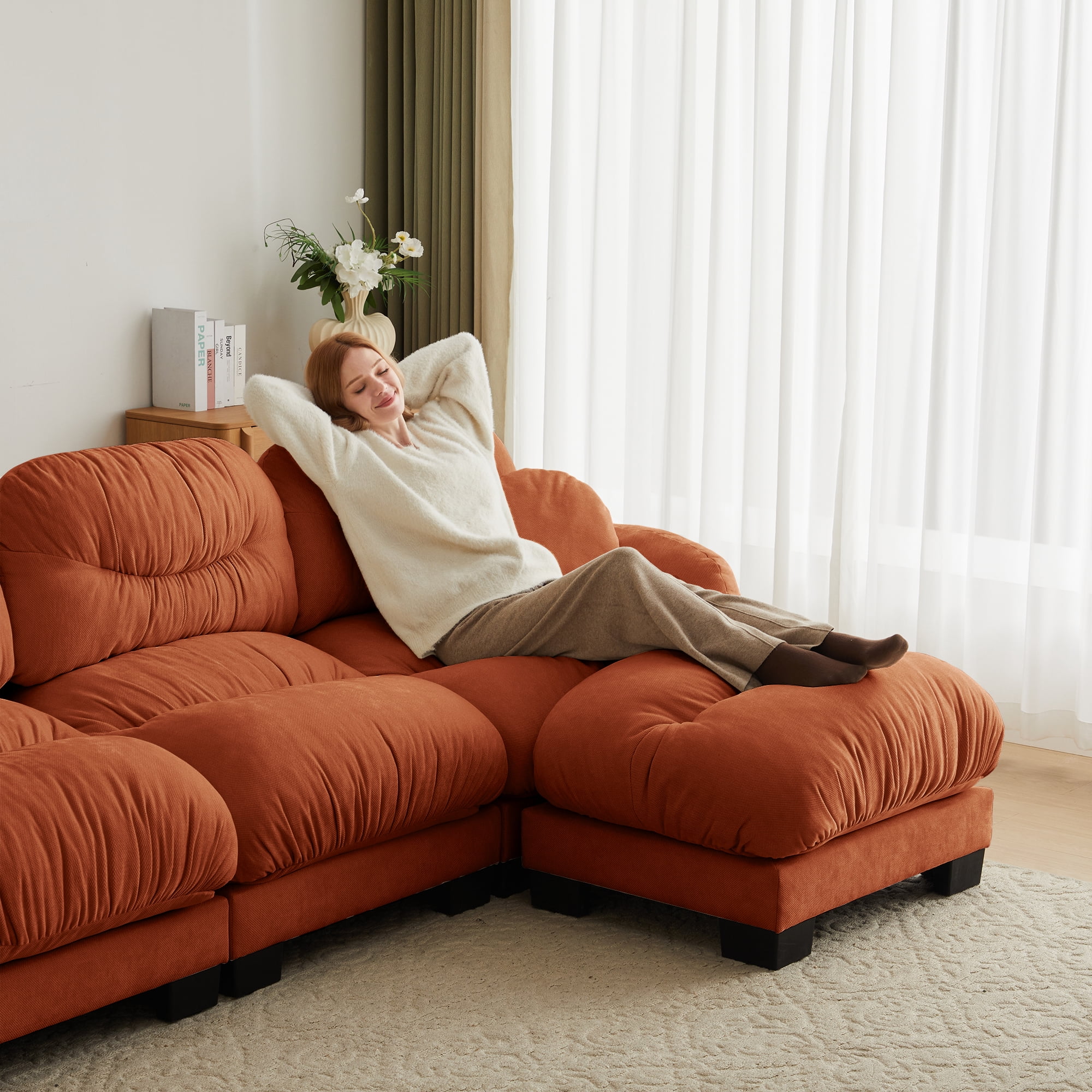81" L Shape 2 Seater Sectional Couch Cozy Chenille Modular Sofa with Ottoman and 2 Throw Pillows