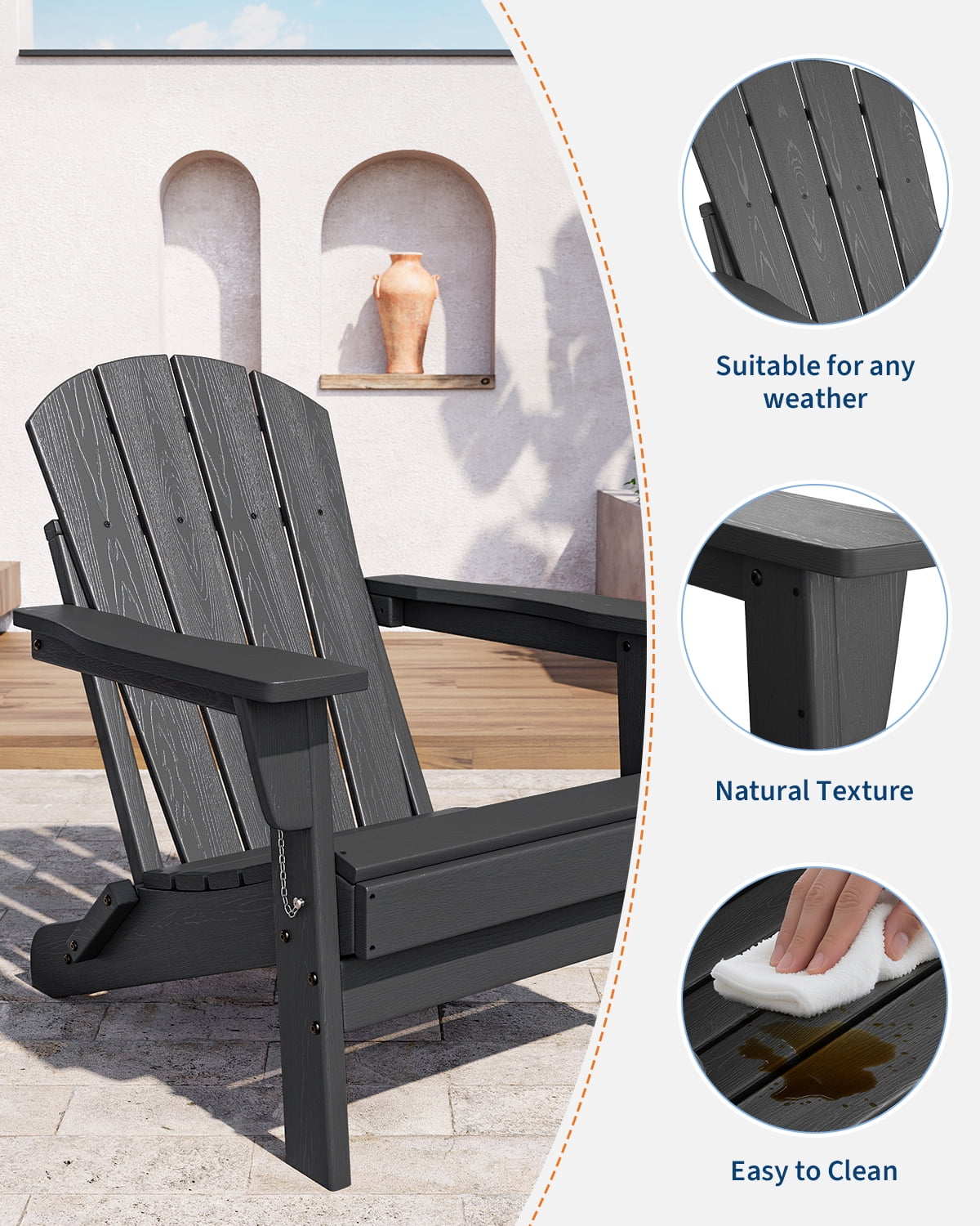 Folding Adirondack Chairs, HDPE Plastic Outdoor Chairs with Wood Texture - 380Lbs & Weather Resistant for Fire Pit, Deck, Patio, Pool, Backyard