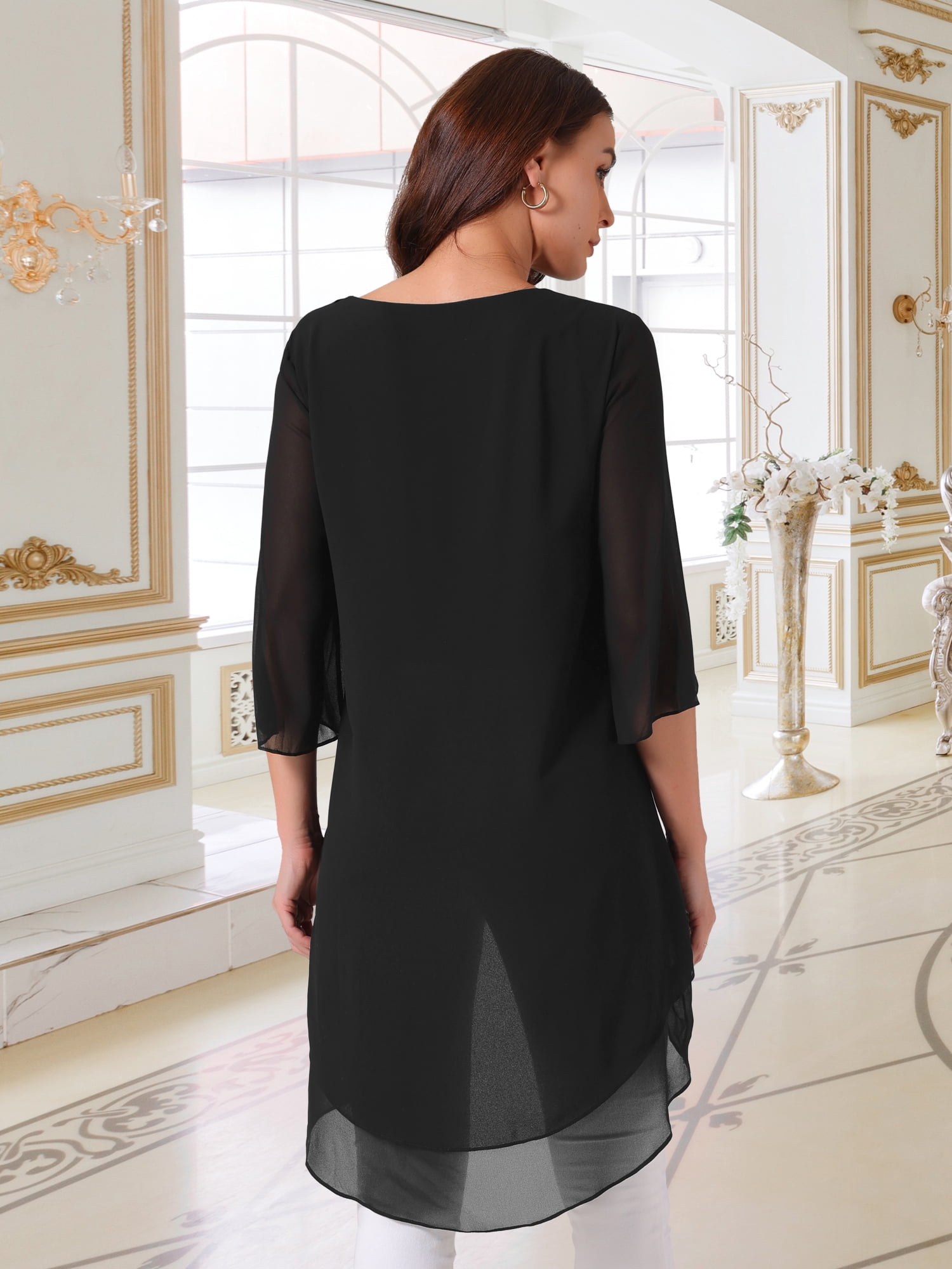 DARING DIVA Women's 3/4 Sleeve High Low Hem Scoop Neck Chiffon Blouses M Black
