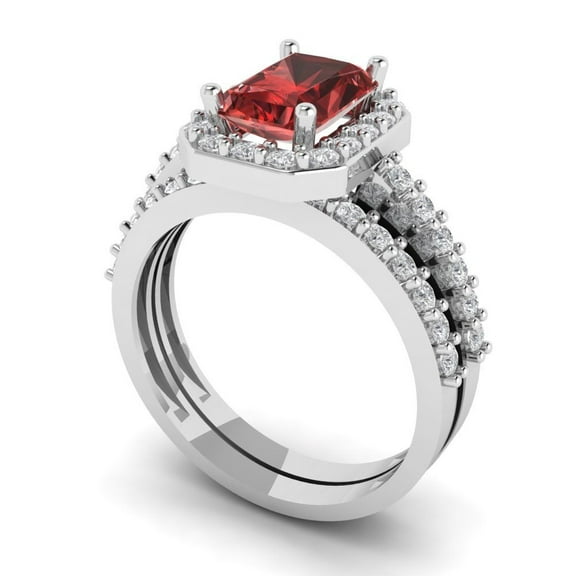 2.22 ct Brilliant Emerald Cut Natural Garnet 18K White Gold Halo Solitaire with Accents Engagement Bridal Wedding Ring Band Set size 3.5