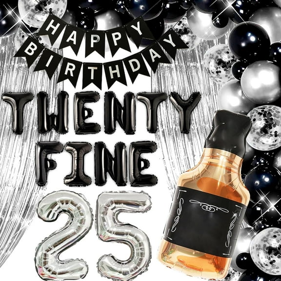 25th Birthday Party Decoration Set - Luxury Black, Silver and Gold Aluminum Foil Balloons with Number 25 and Raindrop Curtain Set