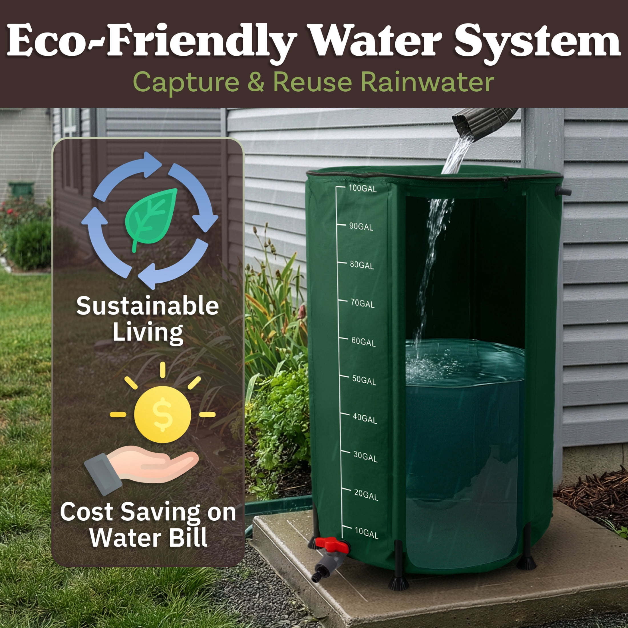 Pure Garden Collapsible Rain Barrel Kit - 100 Gal PVC Rain Collection System with Filter
