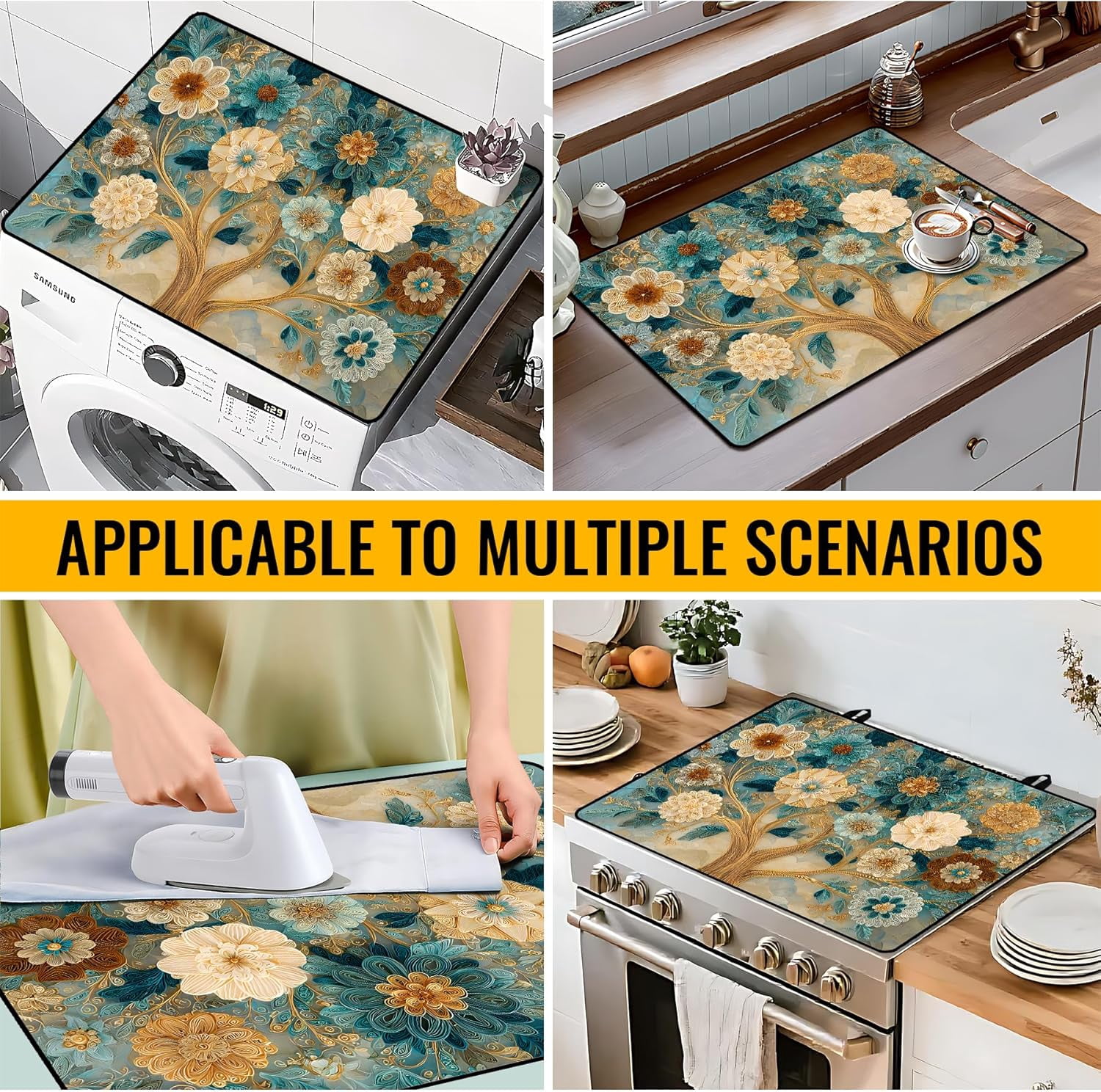 Stove Top Cover for Electric Stove 28.5x20.5 Inch Silicone Stove Topper & Protector, Decorative Kitchen Mat for Electric/Glass Stove Top (Cream & Gold Floral Tree)