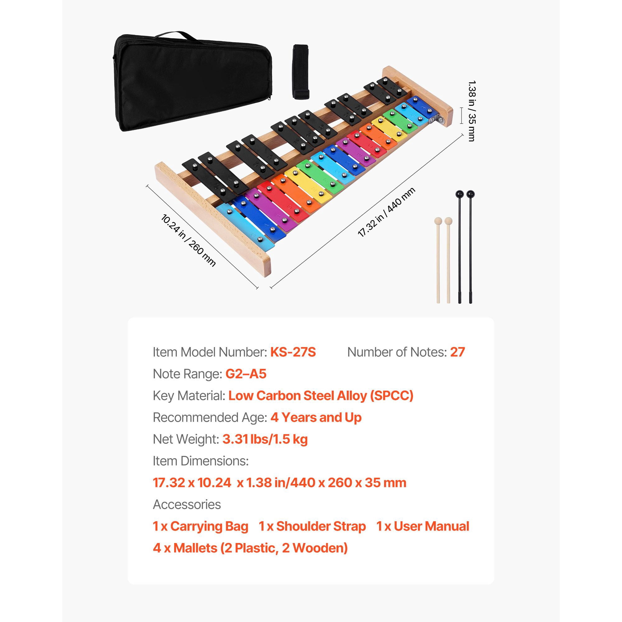27 Notes Professional Xylophone Percussion Instrument, with Colorful Metal Keys, Includes 4 Mallets, Carrying Bag, Beginner Musical Instrument Kit for Adults and Kids