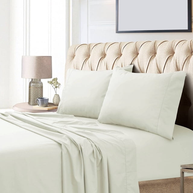 Tribeca Living Egyptian Cotton Sateen 800 Thread Count Hemstitched Deep Pocket Sheet Set, Queen, Ivory