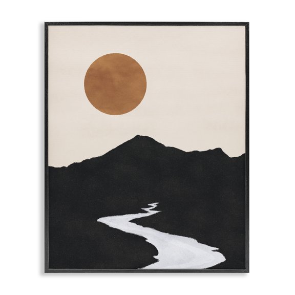 Stupell Industries Mid-Century Receding Stream Into Distant Mountain Ochre Sun Black Framed Giclee Art, 11 x 14, by JJ Design House LLC