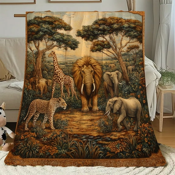 1pc African Safari Wildlife Animals Print Flannel Blanket - Soft Cozy, Elephant, Giraffe, Cheetah & Bedspread for Adults,, Travel, Camping - All-Season Warm Throw with Savannah Map Design (Brown/Gree