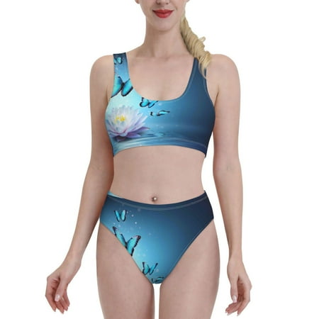 Bixox Butterflies And Waterlily In Water Pattern Two-Piece Sports Bikini with U-Shaped Top and High-Waist Bottom - Women s Swimwear with Removable Bra Pads