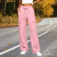 thumbnail image 2 of Women's Fleece Lined Cargo Pants Elastic Waist Drawstring Wide Leg Casual Lounge Trousers Cozy Fall Winter Jogger Pants with Pockets Pink, 2 of 9