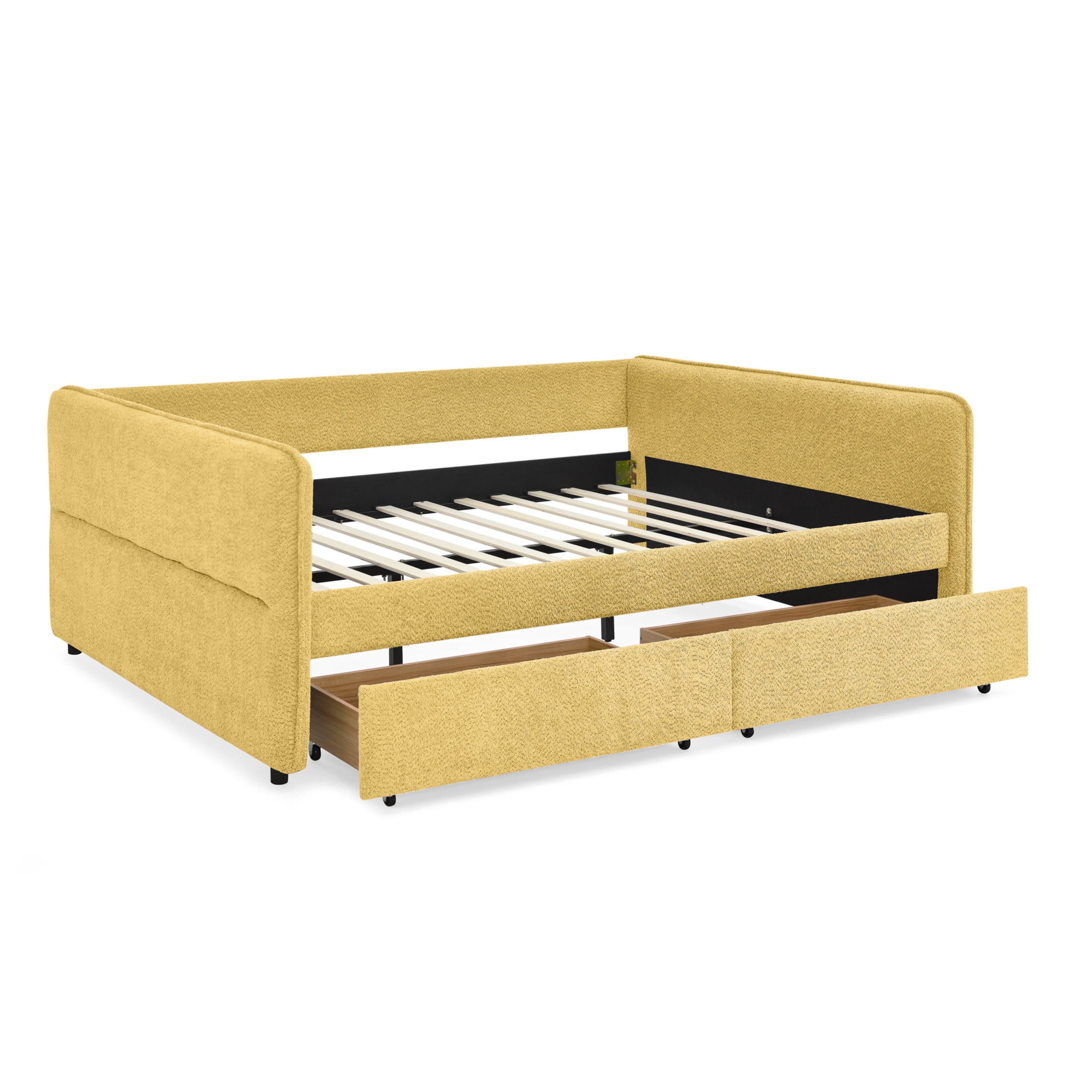 Noble House Zenton Queen Size Boucle Daybed, Upholstered Tufted Sofa Bed Frame with Under-Bed Storage Drawers, Yelllow