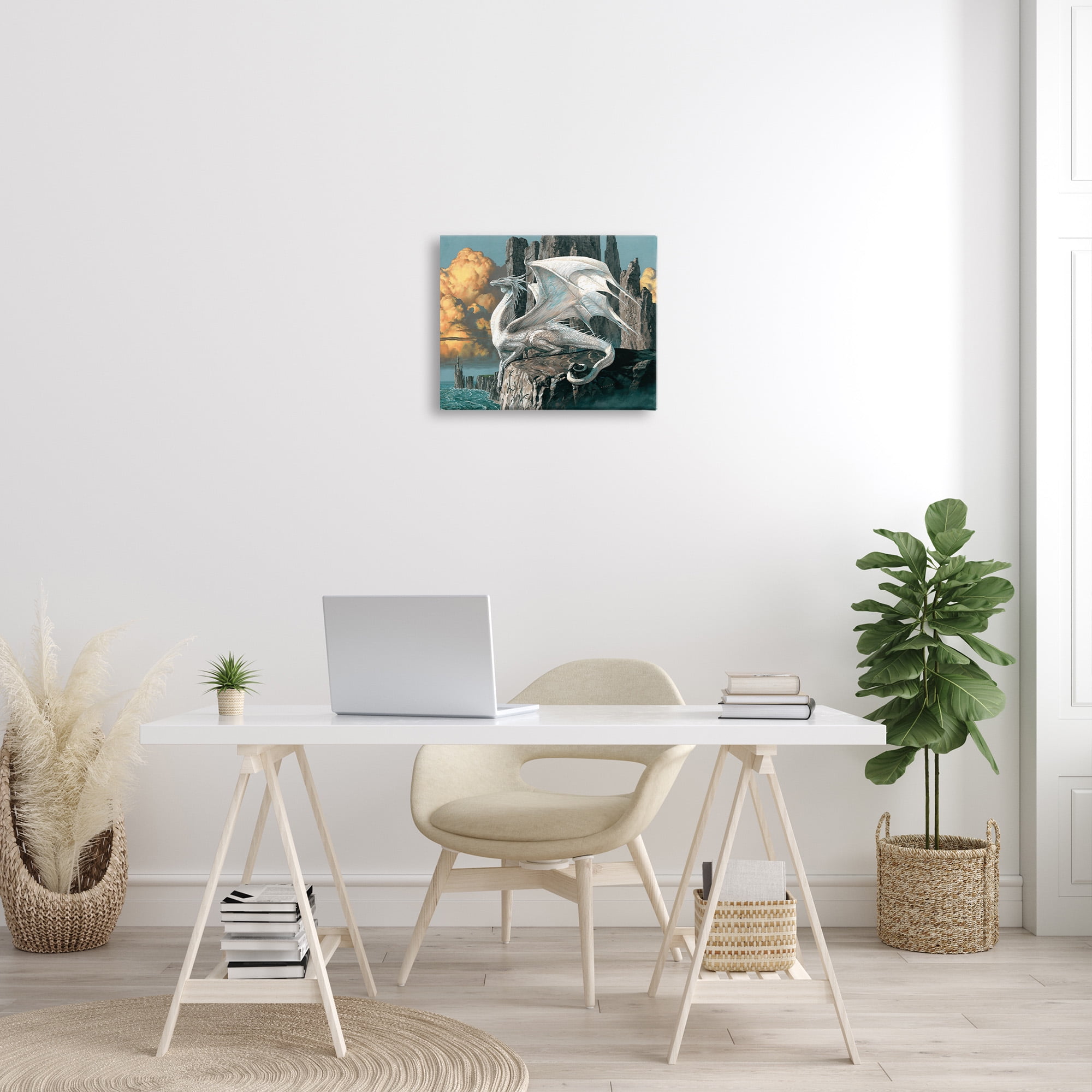 Stupell Industries Dragon Perched on Cliff Fairy Tales & Fantasy Painting Gallery Wrapped Canvas Art Print Wall Art, 20 x 16