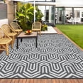 thumbnail image 2 of Hasoo 9' x 18' Gray/White Outdoor Rug for Patio Decor Waterproof Plastic Straw Modern Geometric Carpet PP Tube Woven Portable Camping Mat for Picnic Balcony, 2 of 7