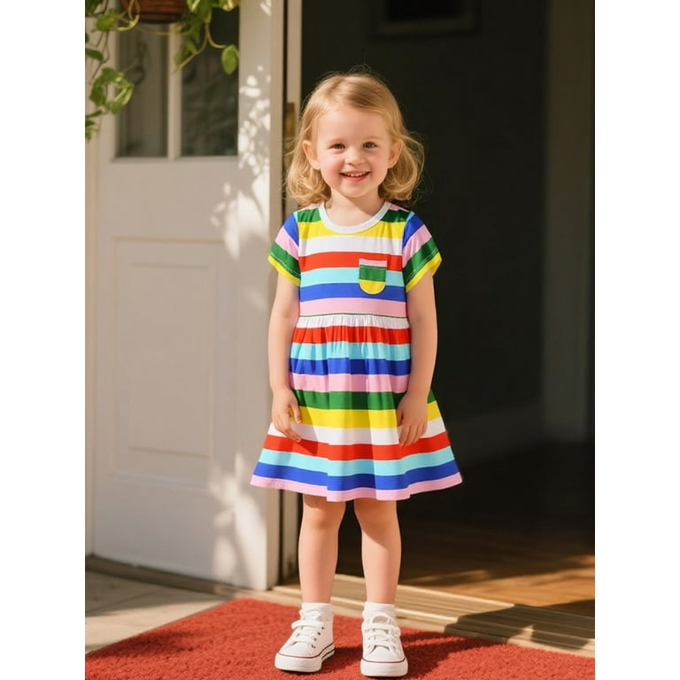 Hileelang Toddler Girls Short Sleeve Dress Spring Summer Cotton Casual Rainbow Stripe Printed Jersey Shirt Dresses 3T, Toddler Girl's, Size: 3Years