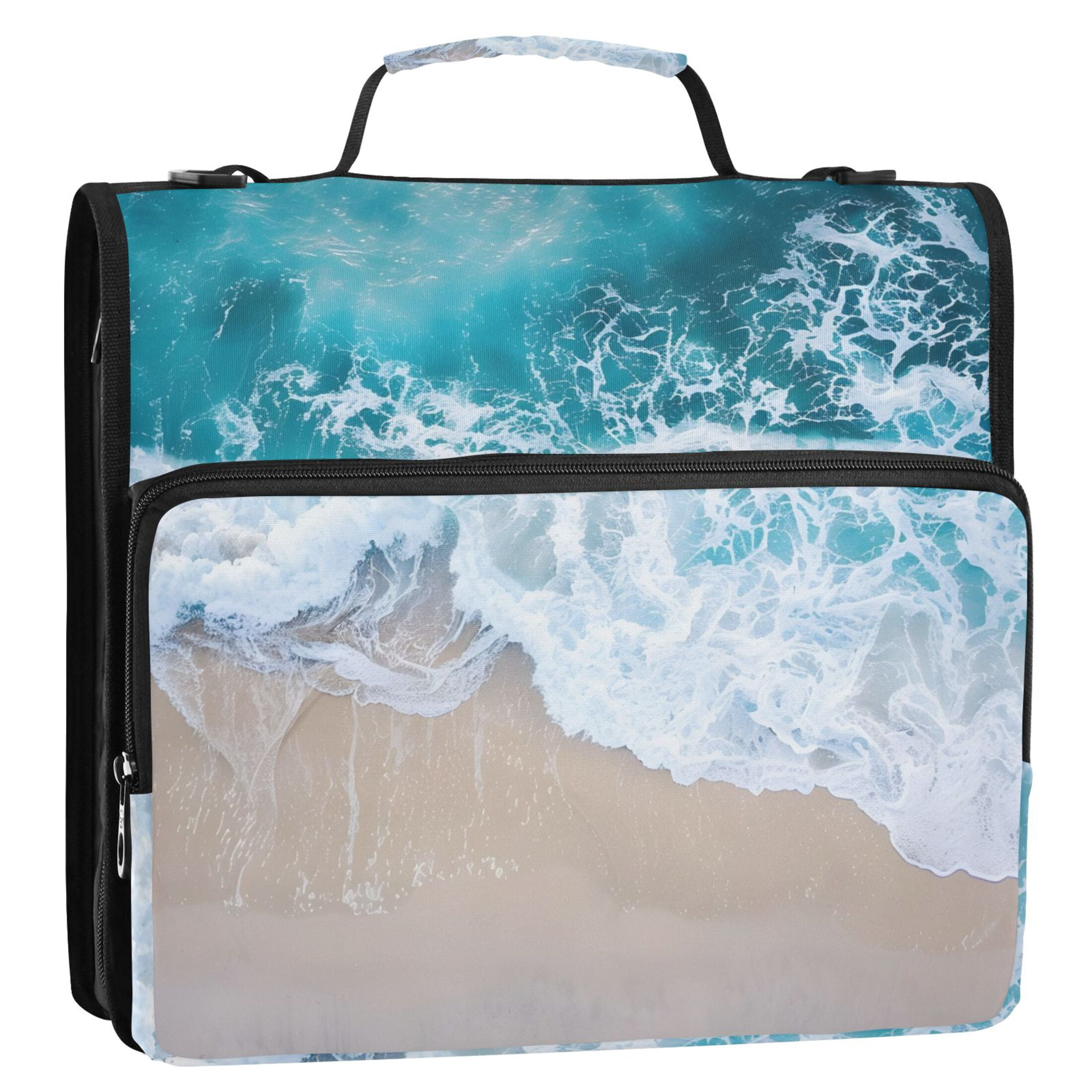 3 Ring Zipper Binder with Shoulder Strap Waterproof Trapper Keeper 2 Inch D-Ring 500 Sheets Capacity Beach and Waves