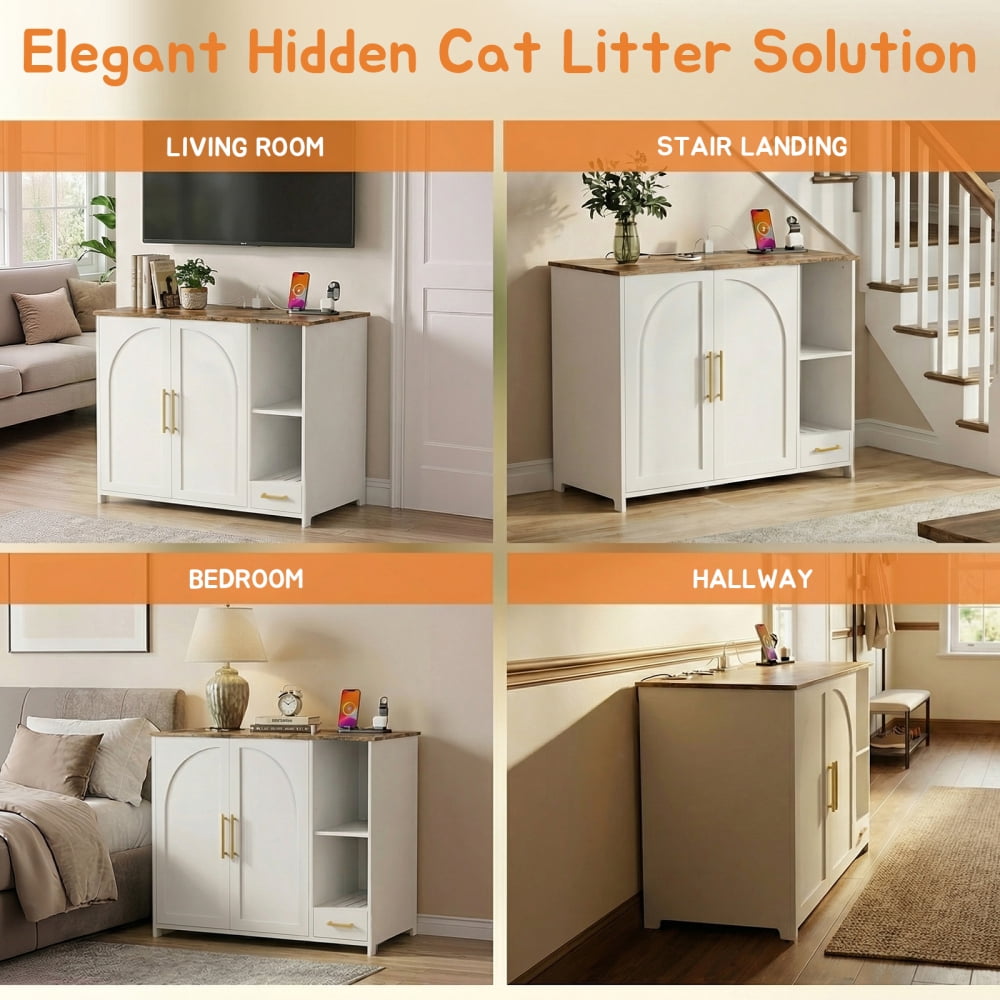 Hidden Cat Litter Box Enclosure Furniture – Large Dog-Proof Litter Box Cabinet with Power Strip, Compatible with Large Self-Cleaning Litter Boxes