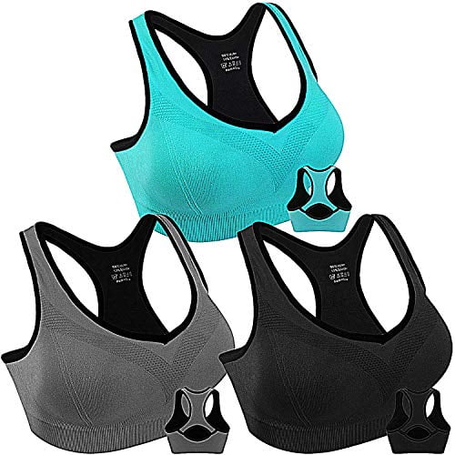 Womens Sports Bra ( XL Size ), 3 Pack Seamless Padded Racerback High Impact  Bra Support Yoga Bras Gym Running Workout, Blue, Gray, Black