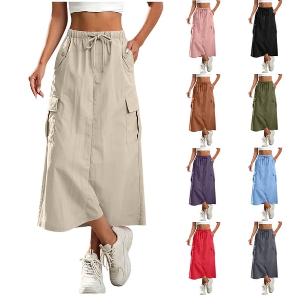 Umfun Women's Utility Cargo Midi Skirt with Drawstring Waist & Pockets - Solid Color Relaxed Fit Long Skirt for Outdoor Hiking & Daily Wear