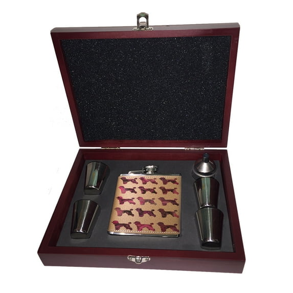 KuzmarK 6 oz. Leather Flask Set in Rose Wood Presentation Box - Poodle Dog Painting