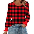 thumbnail image 2 of HOMBOM Womens Red T-Shirts Crew Neck Fall Long Sleeve Plaid Tops Puff Sleeve for Women, 2 of 6