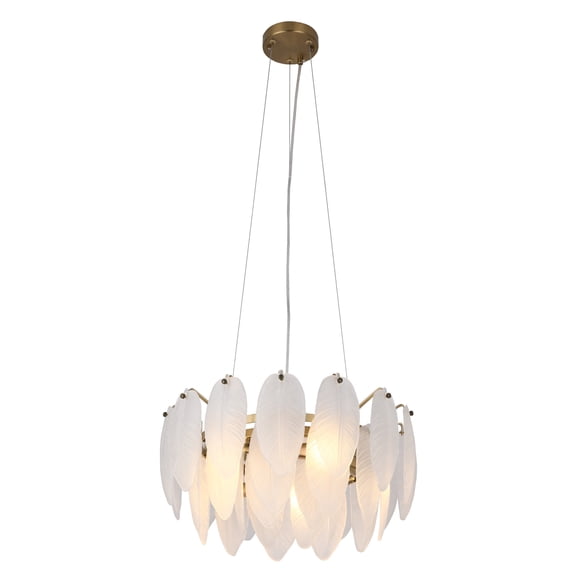 Design Living 11-Light D17.7" Round Brass Frame Chandelier with Hanging Frosted White Glass Leafs
