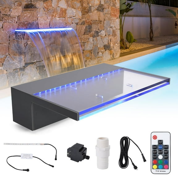 Ataucjin 12" Pool Fountain Acrylic Pool Waterfall Spillway 11.8" x 4.5" x 3.1"(W x D x H) Outdoor Fountain with Pipe Connector, 9 Colors Led Strip Light for Garden Patio Swimming Pool Decoration