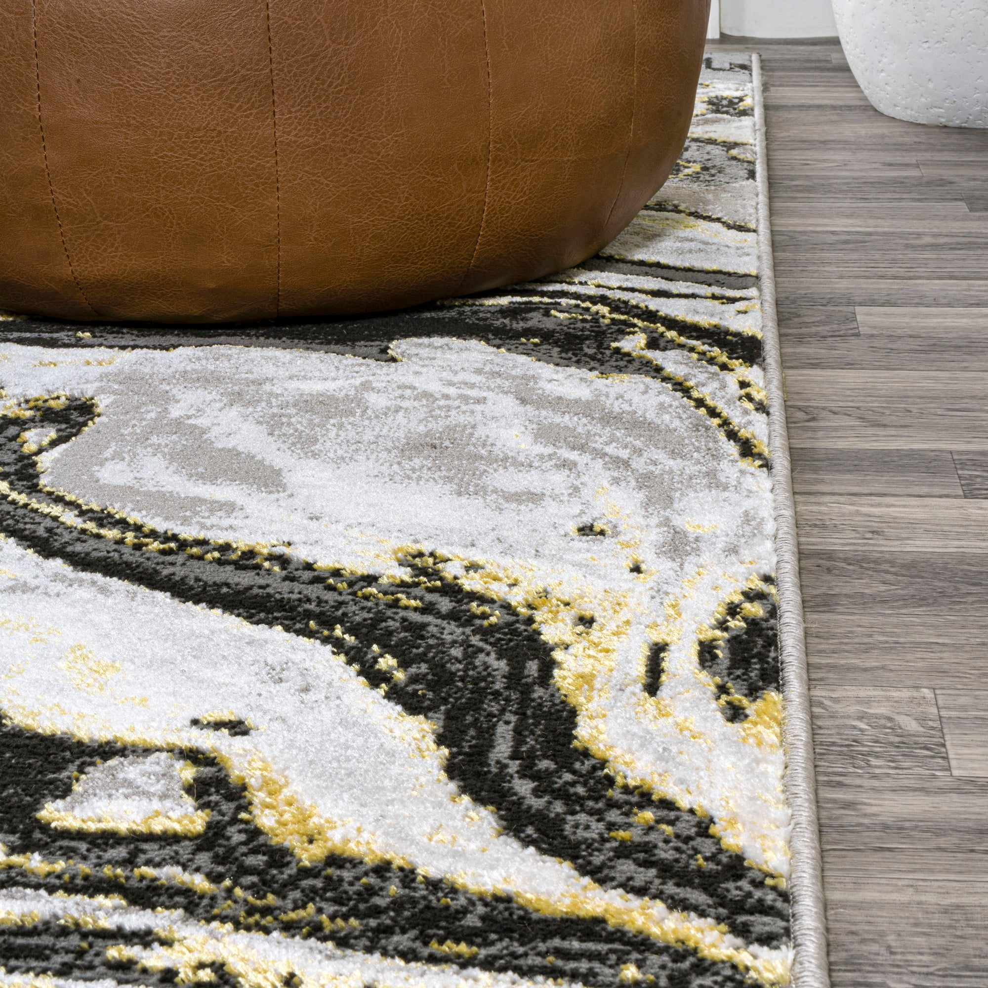 JONATHAN Y SILK ORCHID 3 x 5 Area Rug, Swirl Marbled Abstract - Black/Yellow, SOR203D-3