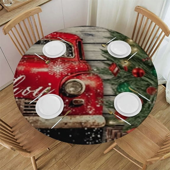 Round Fitted Polyester Tablecloth, Fabric Red Retro Truck Car Snowflake Xmas Tree on Rustic Wood Tablecloth Elastic Edge Decor Tablecloths