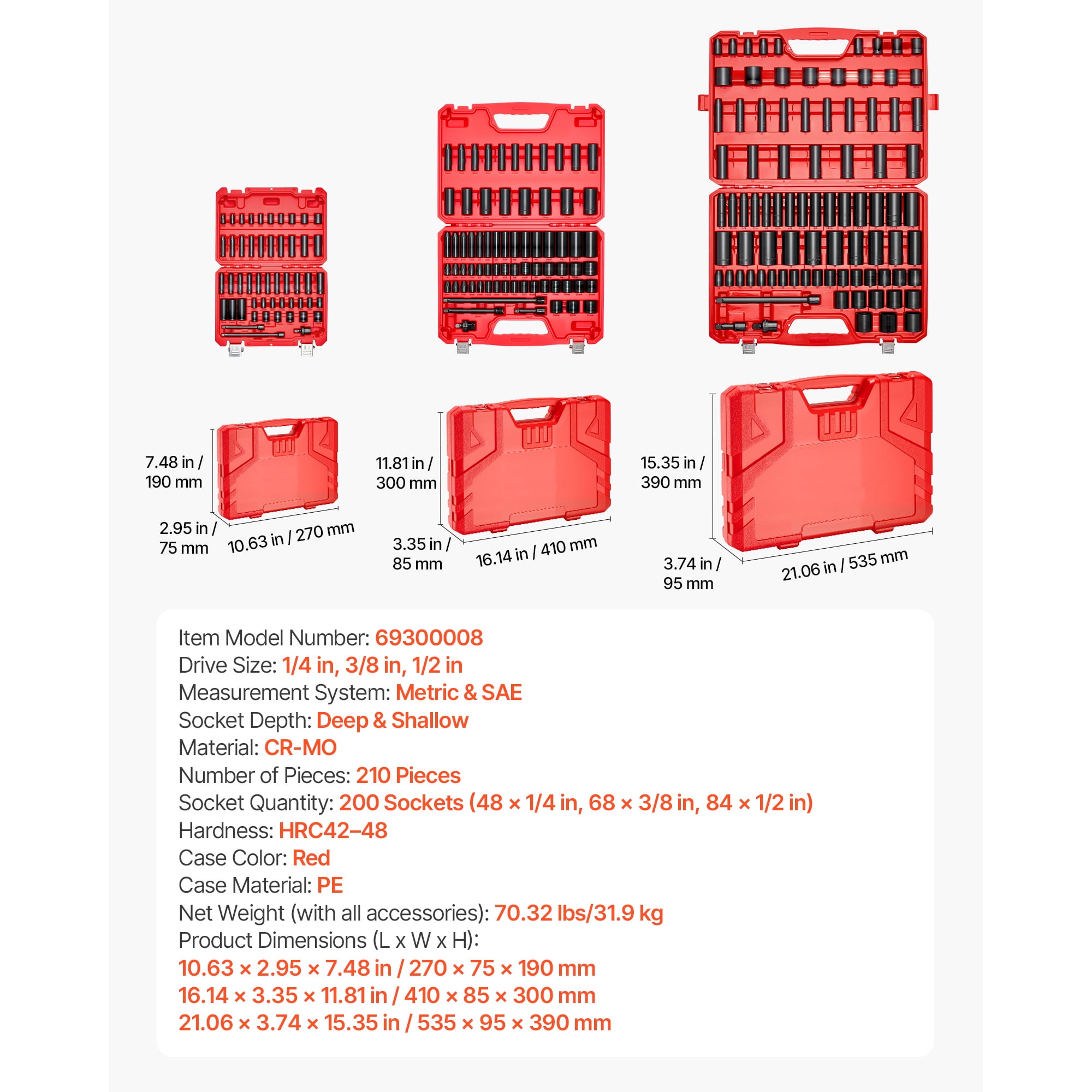 KFFKFF 210-Piece Impact Socket Set, 1/4, 3/8, 1/2 Inch, 6-Point Deep & Shallow Sockets, SAE (3/16 to 1-1/4 in) and Metric (4 to 32 mm) Sizes, Includes Extension Bars, Made of Cr-V Steel