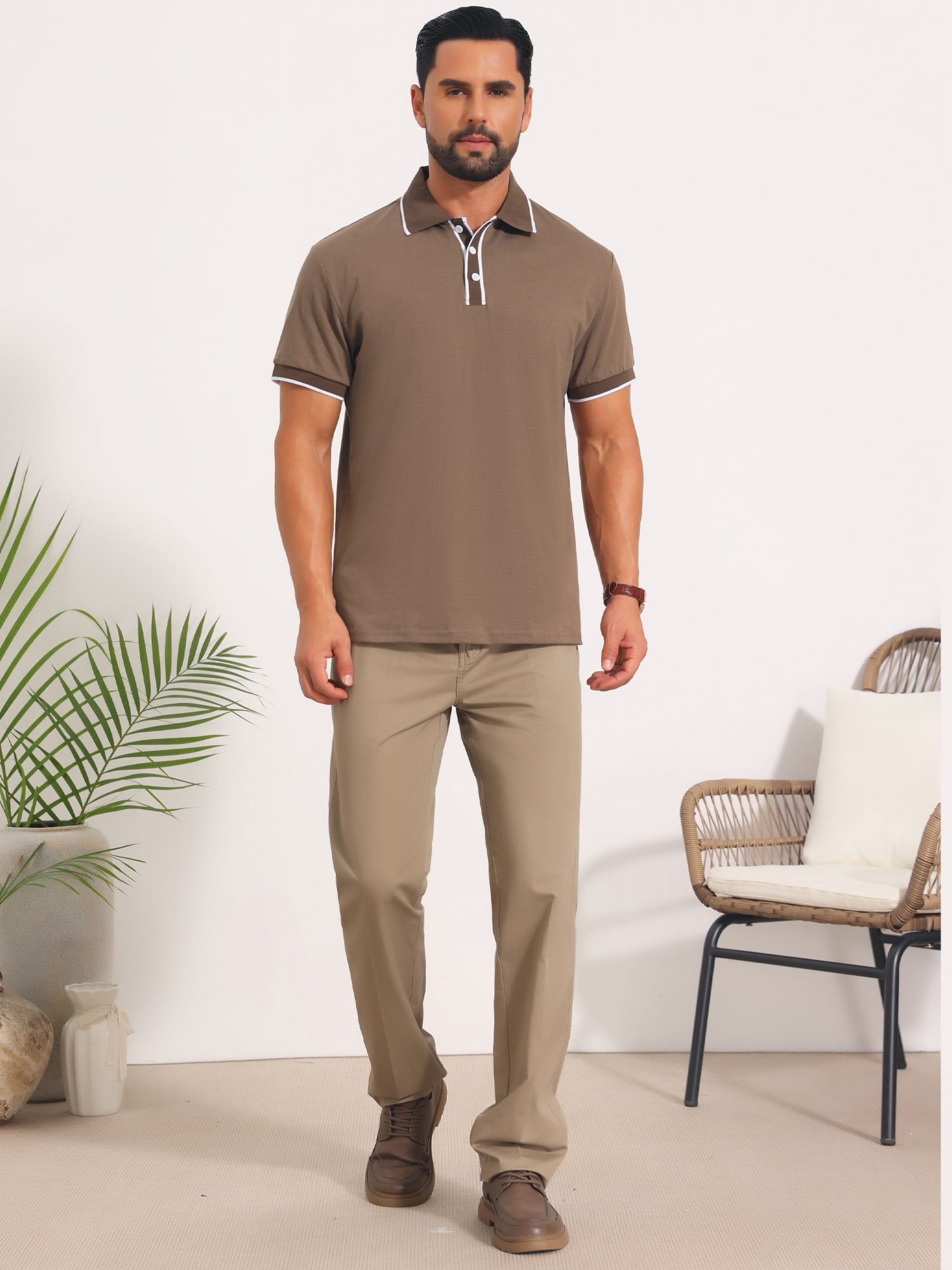 DARING DIVA Men's Contrast Trim Short Sleeve Button Closure Polo Shirts 2XL Khaki