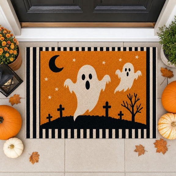 Halloween Doormat Spooky Castle Ghost Mat Secure-Grip Crystal Velvet Rug for Front Door Entryway Halloween Party Decor by OVFUIZ