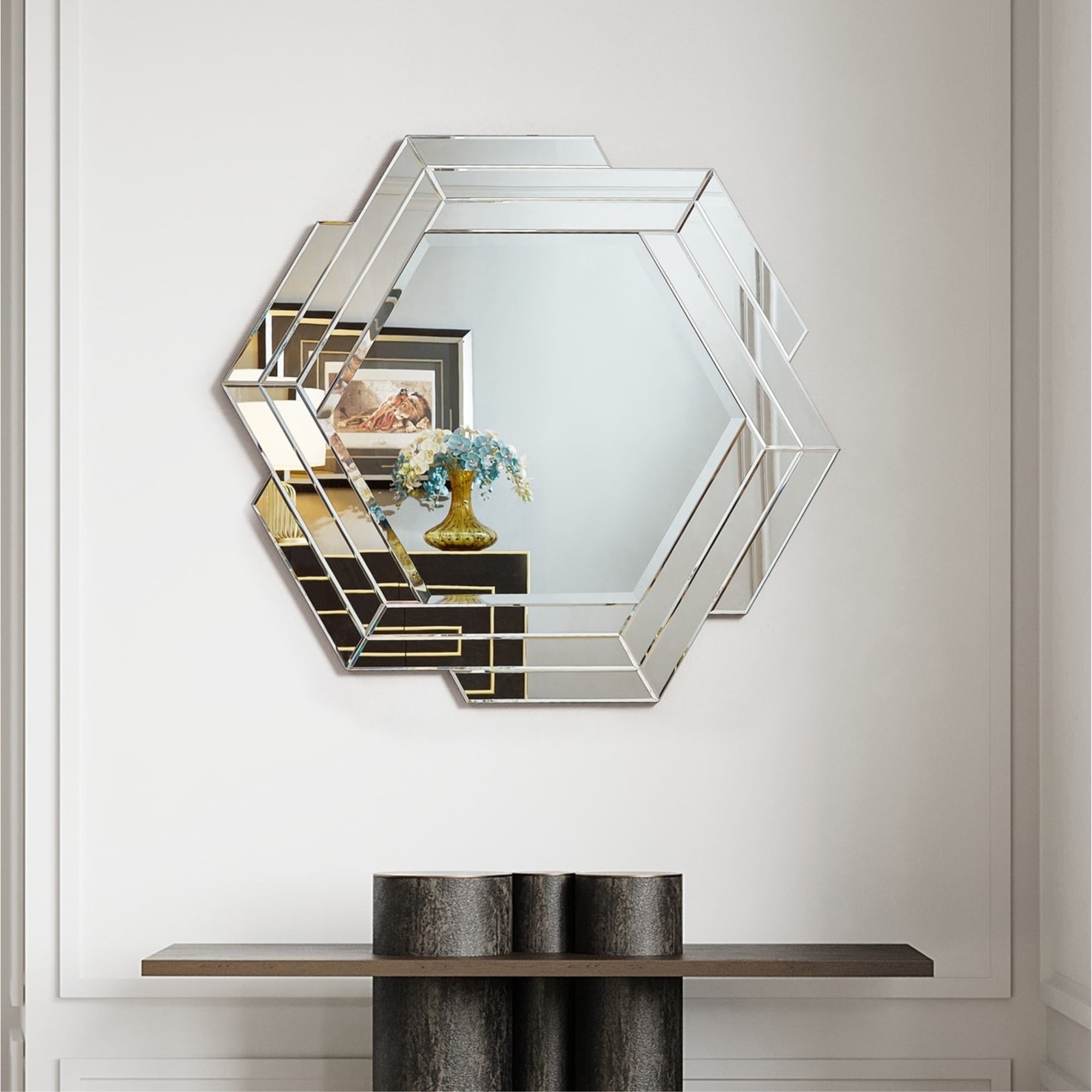 Vanity Wall Mirror Inspired Home Audriana Hexagon Accent Wall Mirror Frameless Round Silver Polished 42.9x42.9