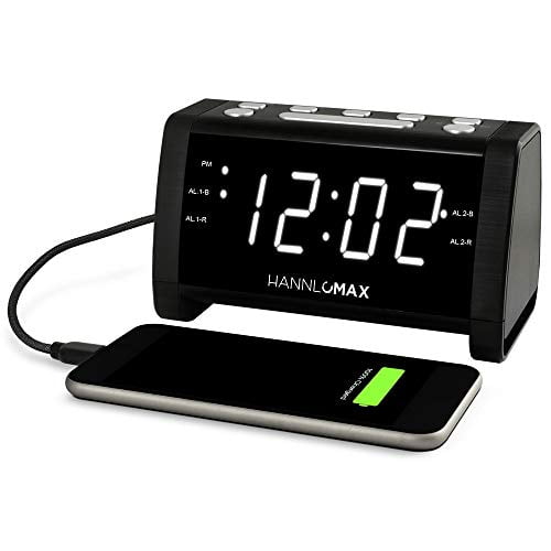 HANNLOMAX HX-147CR Radio despertador, radio FM PLL, pantalla LED blanca de 1,4", puerto USB para carga de 2,1 A, entrada auxiliar, funcionamiento con alimentación de CA únicamente.