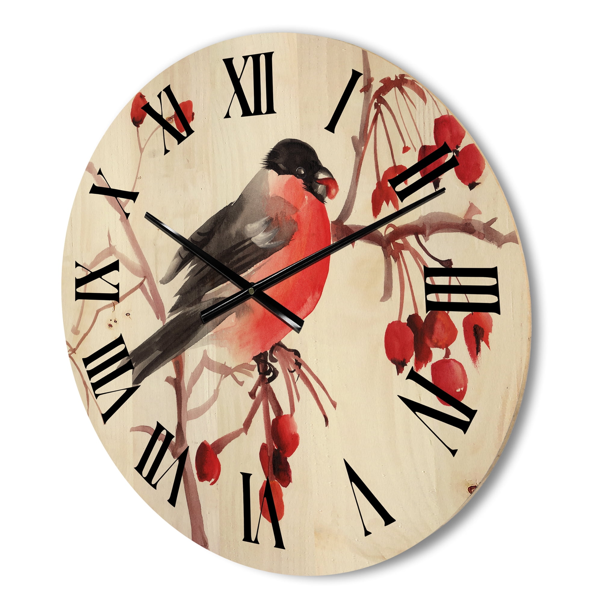 Designart 'Bullfinch Bird Sitting On A Branch' Traditional Wood Wall Clock