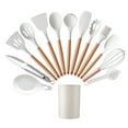 thumbnail image 1 of Juego de 14 utensilios de cocina con mango de madera, utensilios de cocina de silicona, espátula, pinzas, soporte para cuchara, color blanco, 1 of 10
