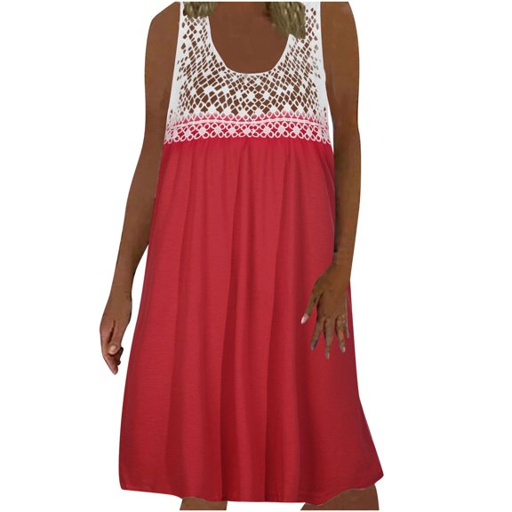 IROINNID Shift Dress For Women Regular Sleeveless Casual Loose Lace Panel Dress Round Neckline Solid Color Dress