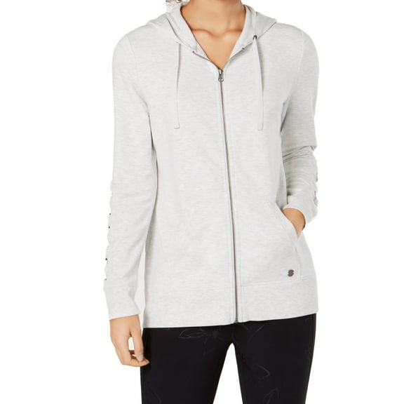 Ideology Womens Lace Up Sleeve Zip Hoodie,White Heather,Small