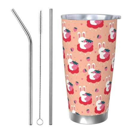 

Susaid Bunny And Strawberry Print 20oz Car Cup Insulated Coffee Cup Fully Spill Proof Travel Coffee Mug Stainless Steel Tumbler for Work Home Outdoor Car-Straw Three-piece Set