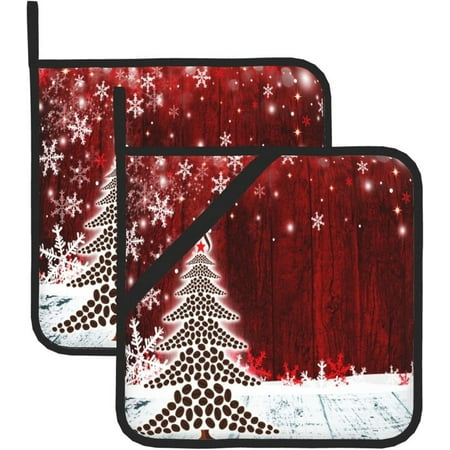 

Sunyuer 2 PCS Pot Holders for Kitchen Christmas Tree Red Print Pot Holders for Kitchen Heat Resistant Non Slip Potholder with Hanging Loop for BBQ Cooking Baking