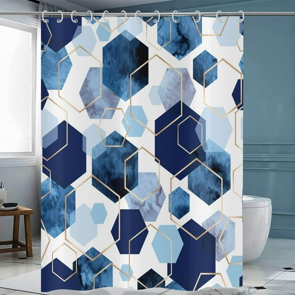 Blue Shower Curtain, Navy Blue Abstract Geometric Modern Grid Pattern Minimalist Bath Curtains Waterproof Fabric with Hooks for Home Decor, 72Wx72H