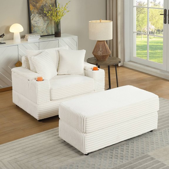 FlexiSpot Lounge Chair, Corduroy Single Sofa Couch with Cupholders and Ottoman for Living Room, White