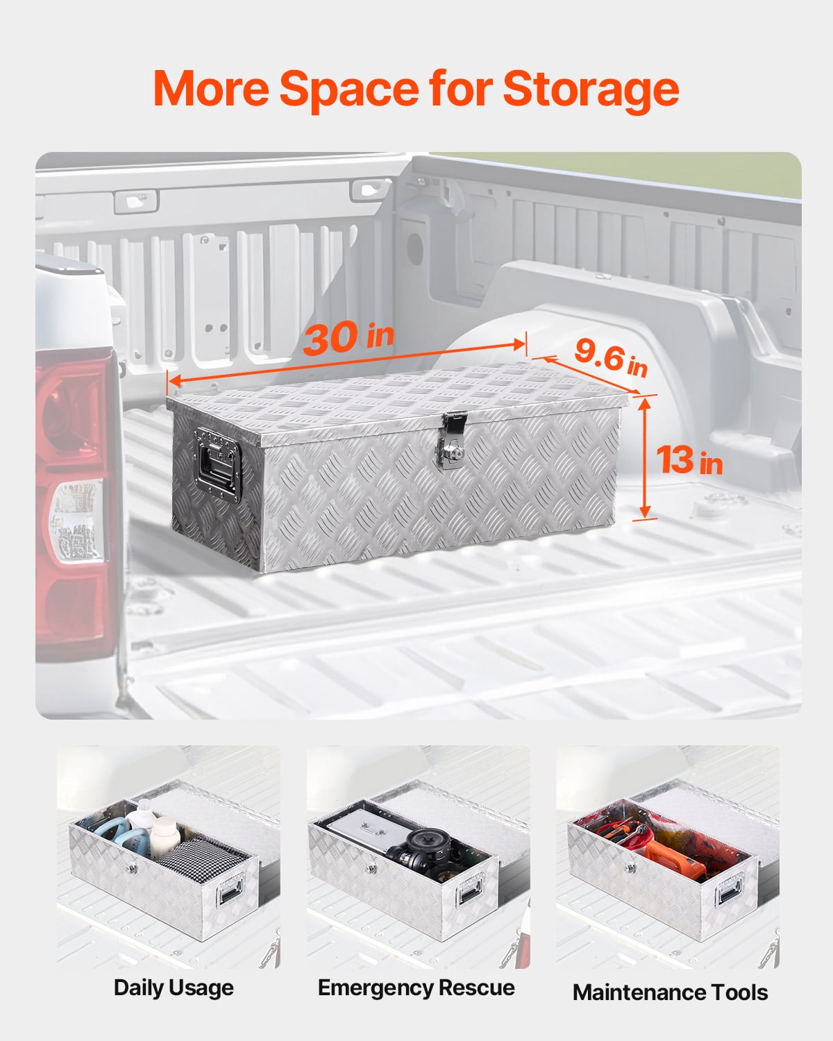 VEVOR Heavy Duty Aluminum Truck Bed Tool Box, Stripes Plated Tool Box with Side Handle and Lock Keys, Storage Toolbox Chest Organizer for Trailer, Pickup, Truck Bed, RV, 30"x13"x9.6", Silver