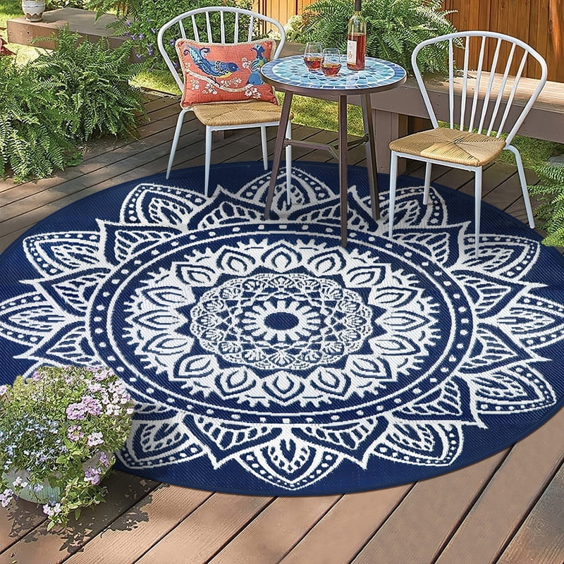 Aonewoe Round Outdoor Rugs 8Ft Waterproof Patio Plastic Straw Rug Reversible Camping Carpet Indoor Outdoor Area Rug for Patio,Deck,Balcony,Picnic,Beach,Outside